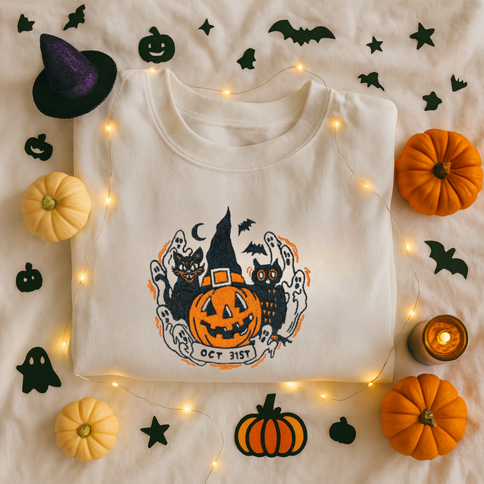 Halloween Oct 31st Embroidered Sweatshirt (Unisex) β Pumpkin, Ghost & Black Cat Pullover