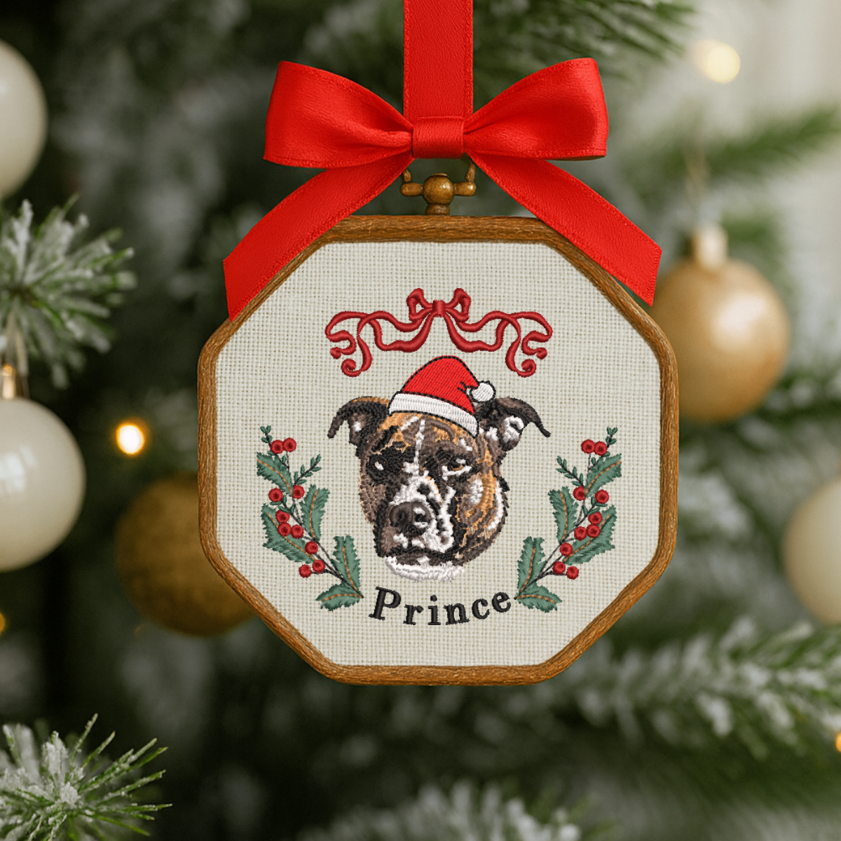 handmade embroidered pet portrait ornament for Christmas tree