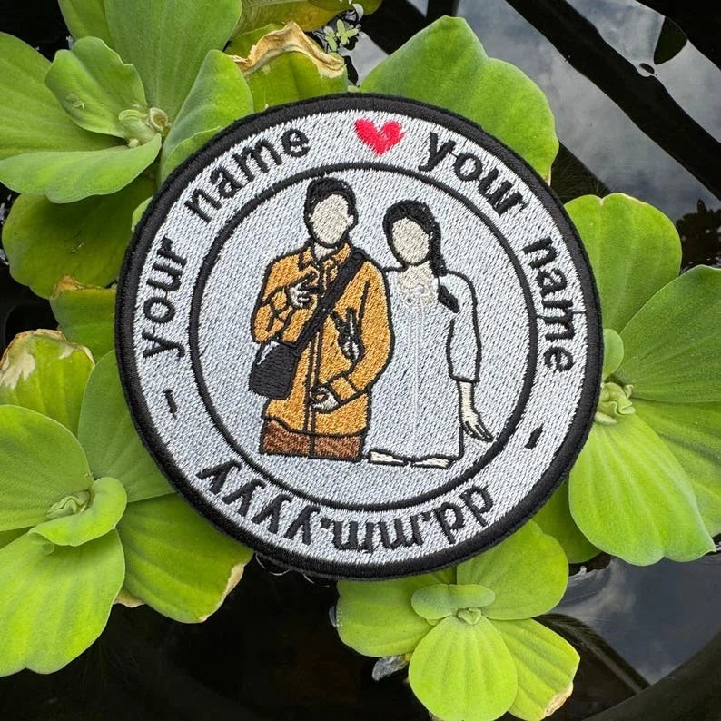 iron-on embroidered patch with names and wedding date