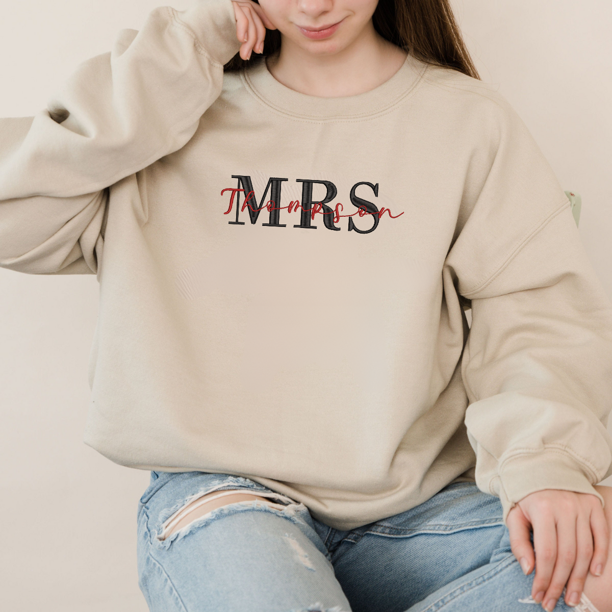 Custom Mrs. Embroidered Sweatshirt – Personalized Newlywed Gift, Bride Sweatshirt