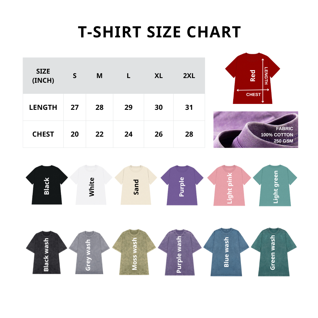 T-shirt size chart with color options and fabric information on a white background