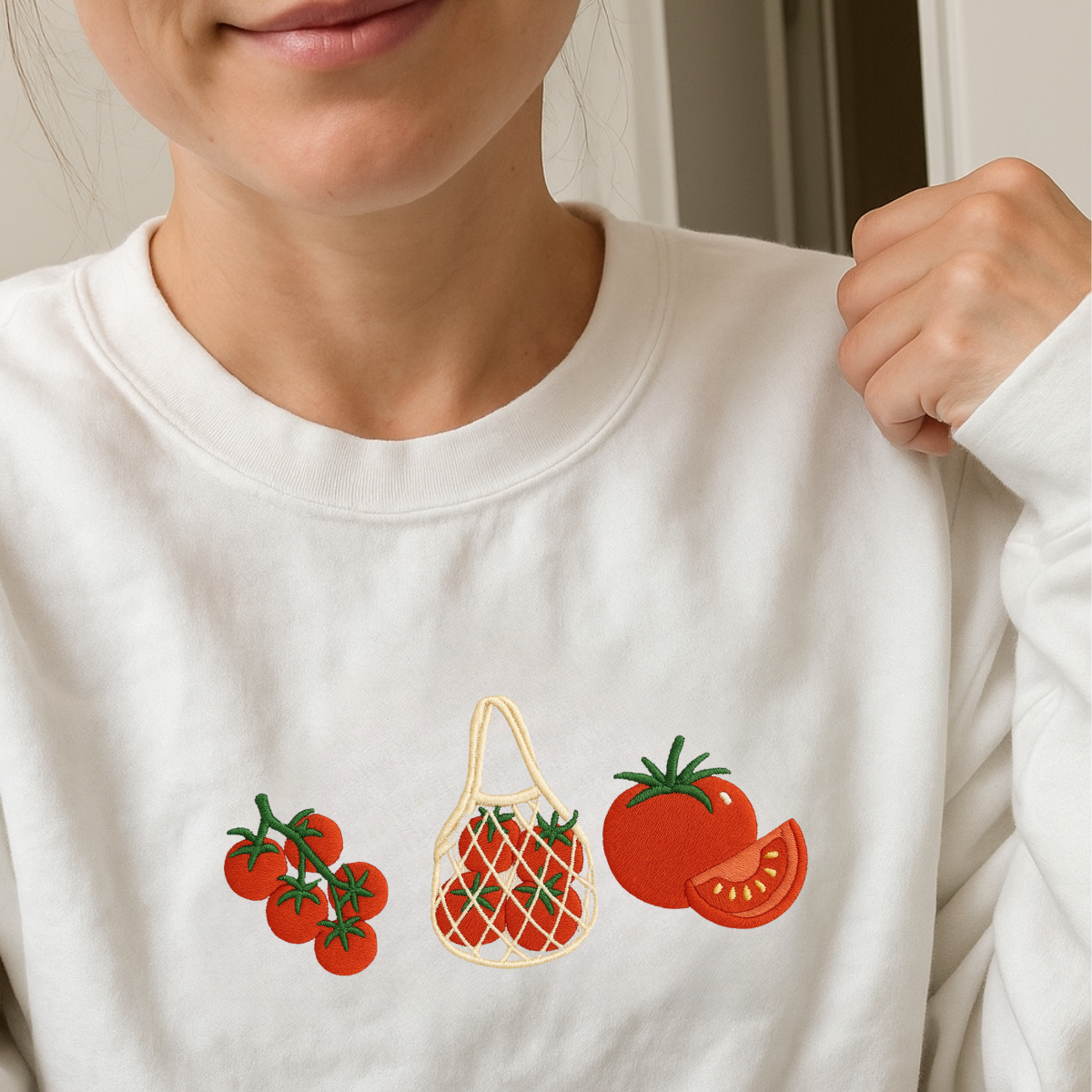 unisex foodie embroidered sweatshirt on model