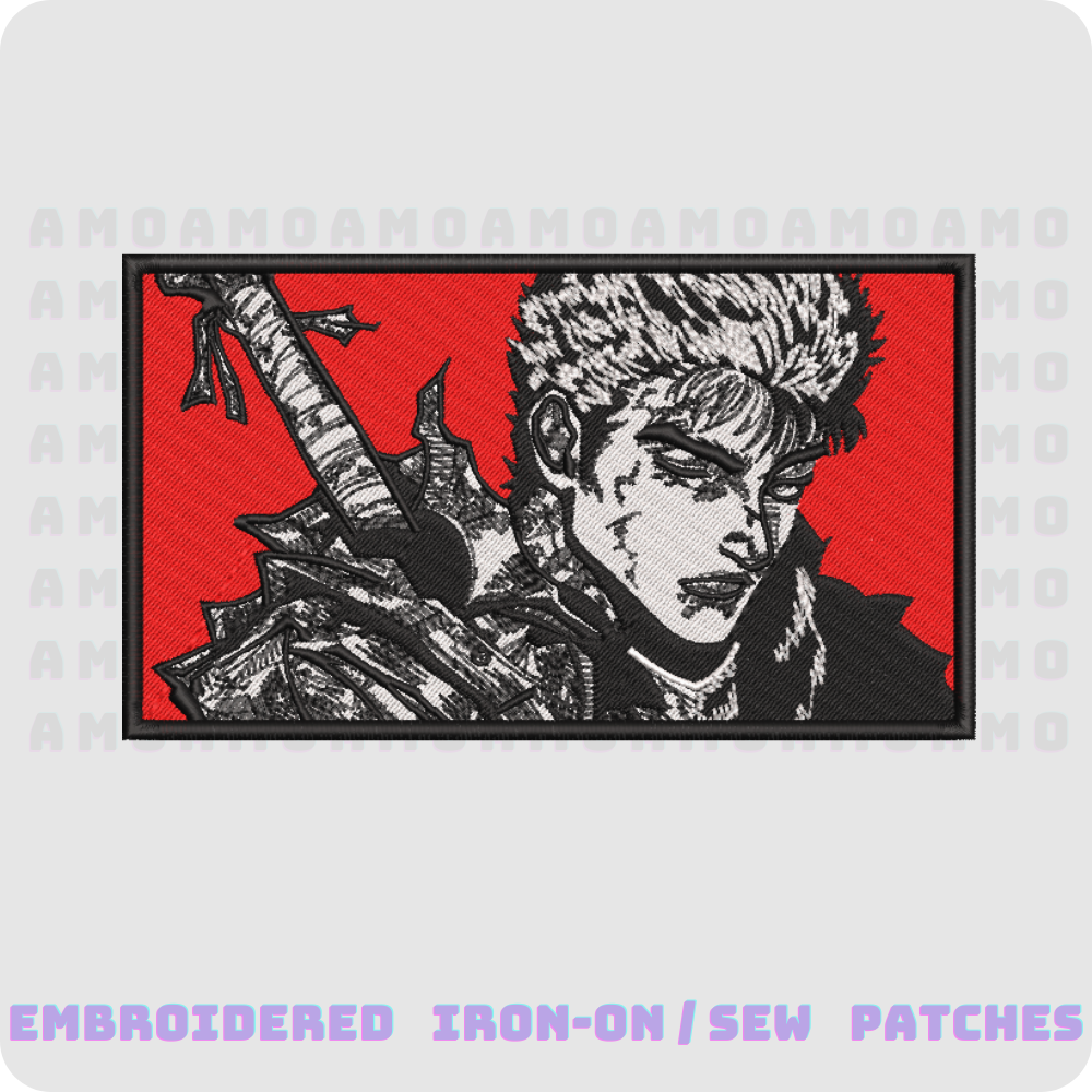 An embroidered iron-on/ sew patch featuring the character Guts from Berserk with a red background and black and white design.