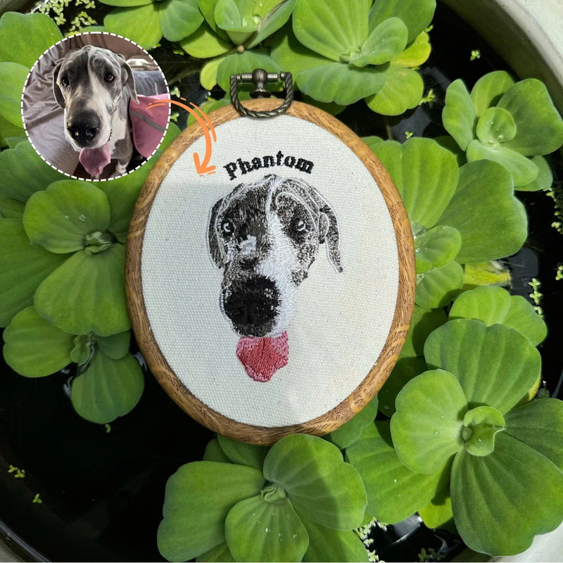 Custom embroidered pet portrait hoop as a pet memorial gift