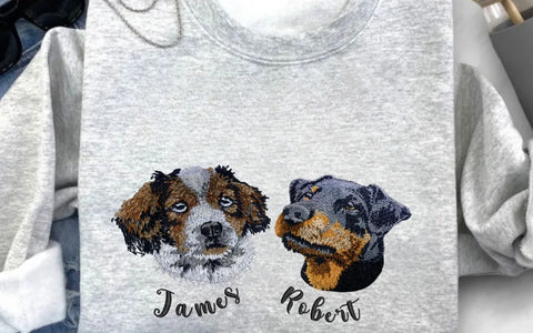 Custom embroidered dog portrait sweatshirt made from a real photo