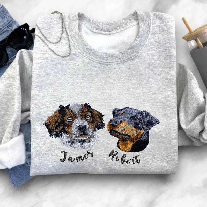 Custom embroidered dog portrait sweatshirt made from a real photo