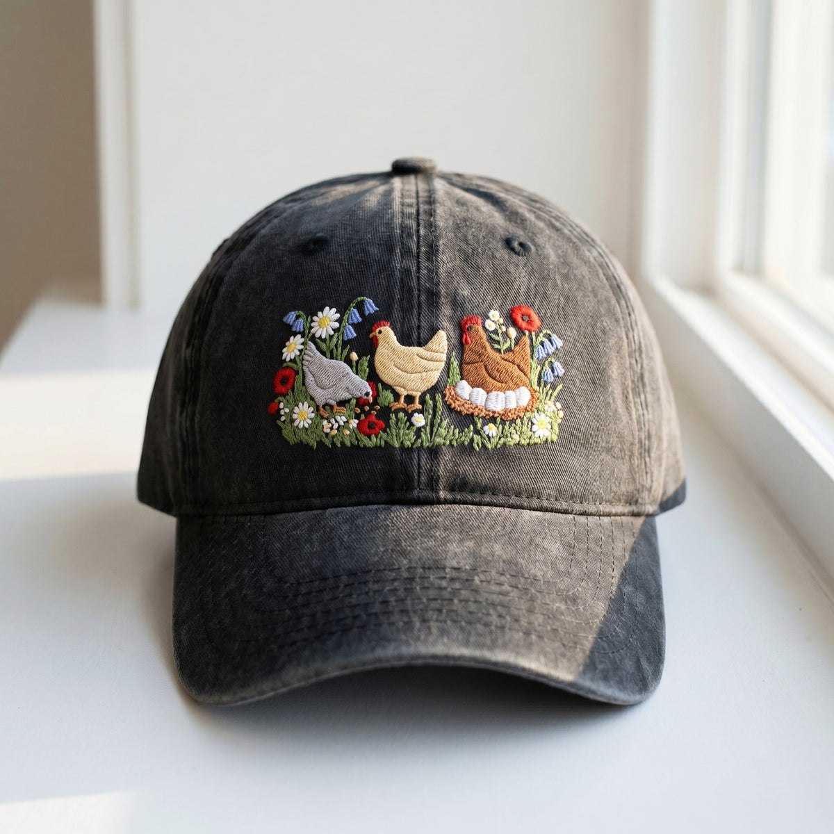 Chicken and Flower Embroidered Cap – Trendy Streetwear Style - photo 1