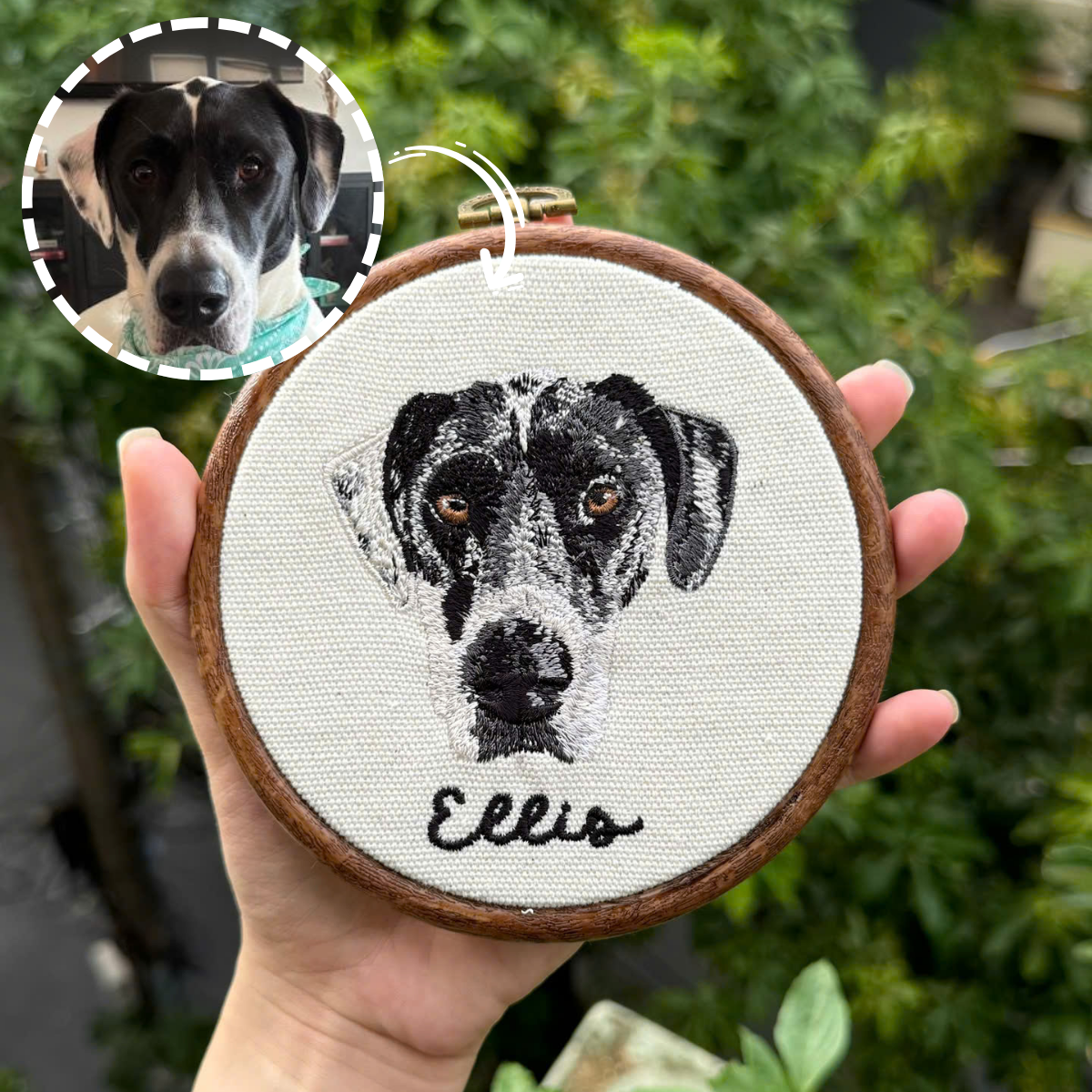 Custom Pet Embroidery Hoop – Personalized Dog or Cat Portrait – Wall Art – Pet Memorial Gift – Machine Embroidered Wall Decor