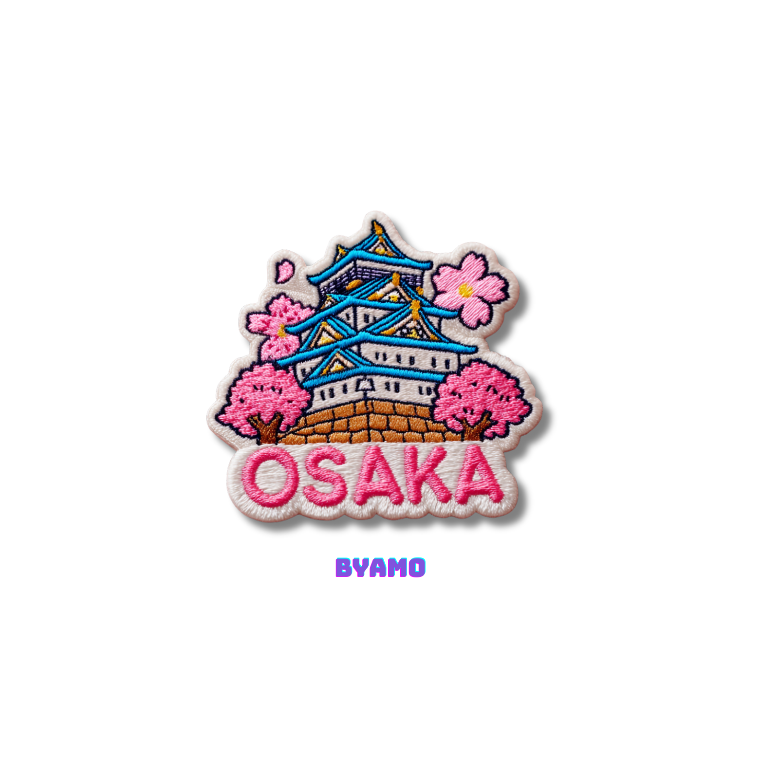 Embroidered patch with Osaka Castle and cherry blossoms on a white background