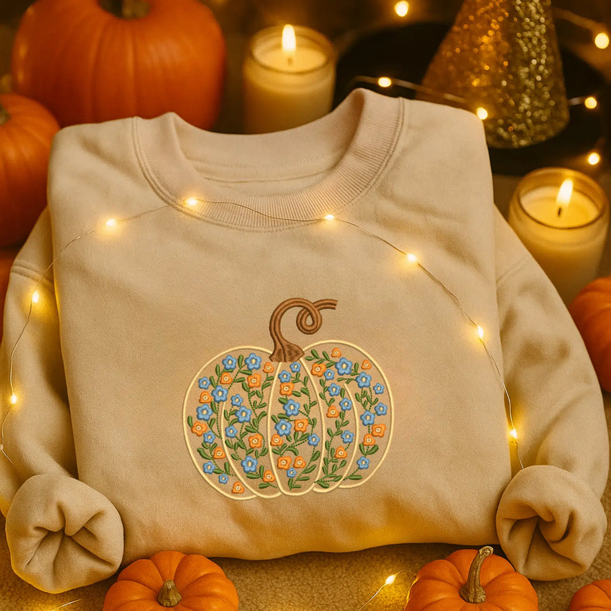 Beige sweatshirt with floral pumpkin design surrounded by pumpkins and candles