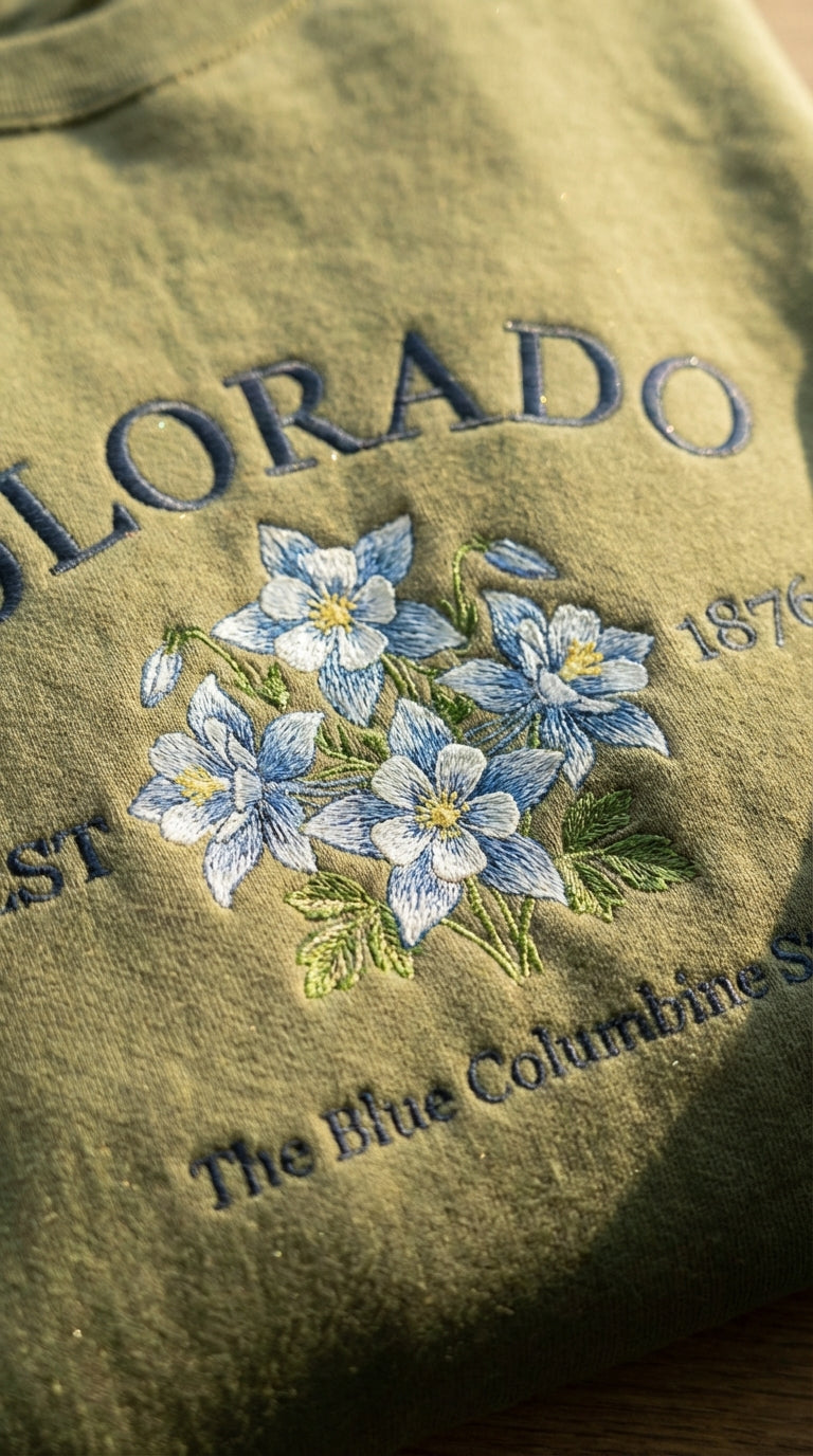 Olive green folded sweatshirt with detailed blue and white Columbine flower embroidery reading Colorado EST 1876 The Blue Columbine State