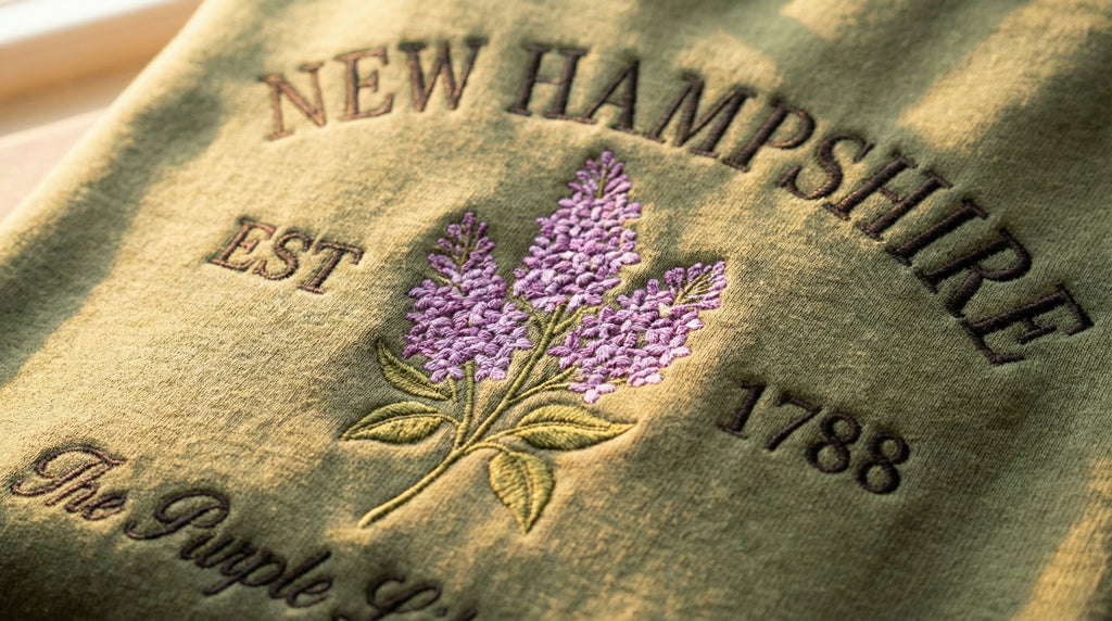 Olive green sweatshirt with detailed purple Lilac flower embroidery reading New Hampshire EST 1788 The Purple Lilac State