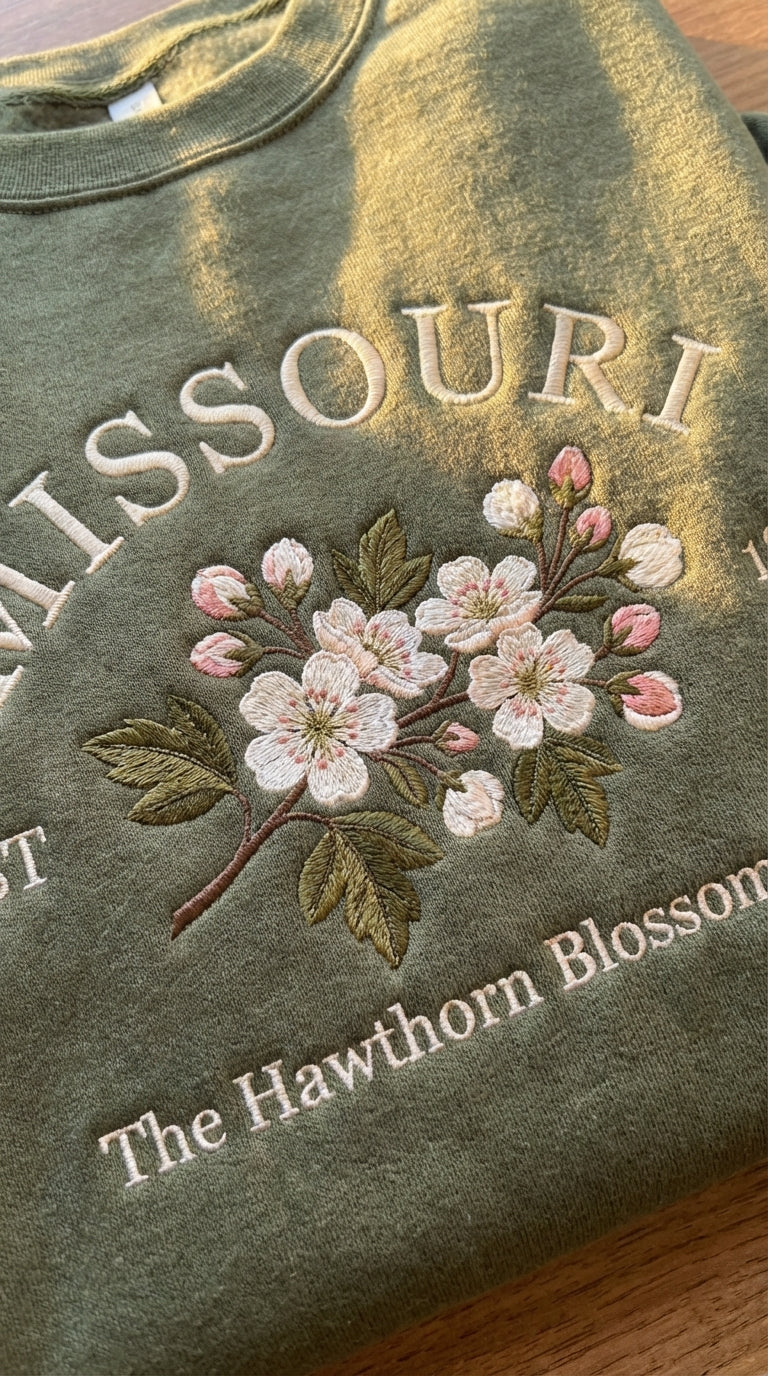Olive green sweatshirt with detailed white and pink Hawthorn blossom embroidery reading Missouri EST 1821 The Hawthorn Blossom State