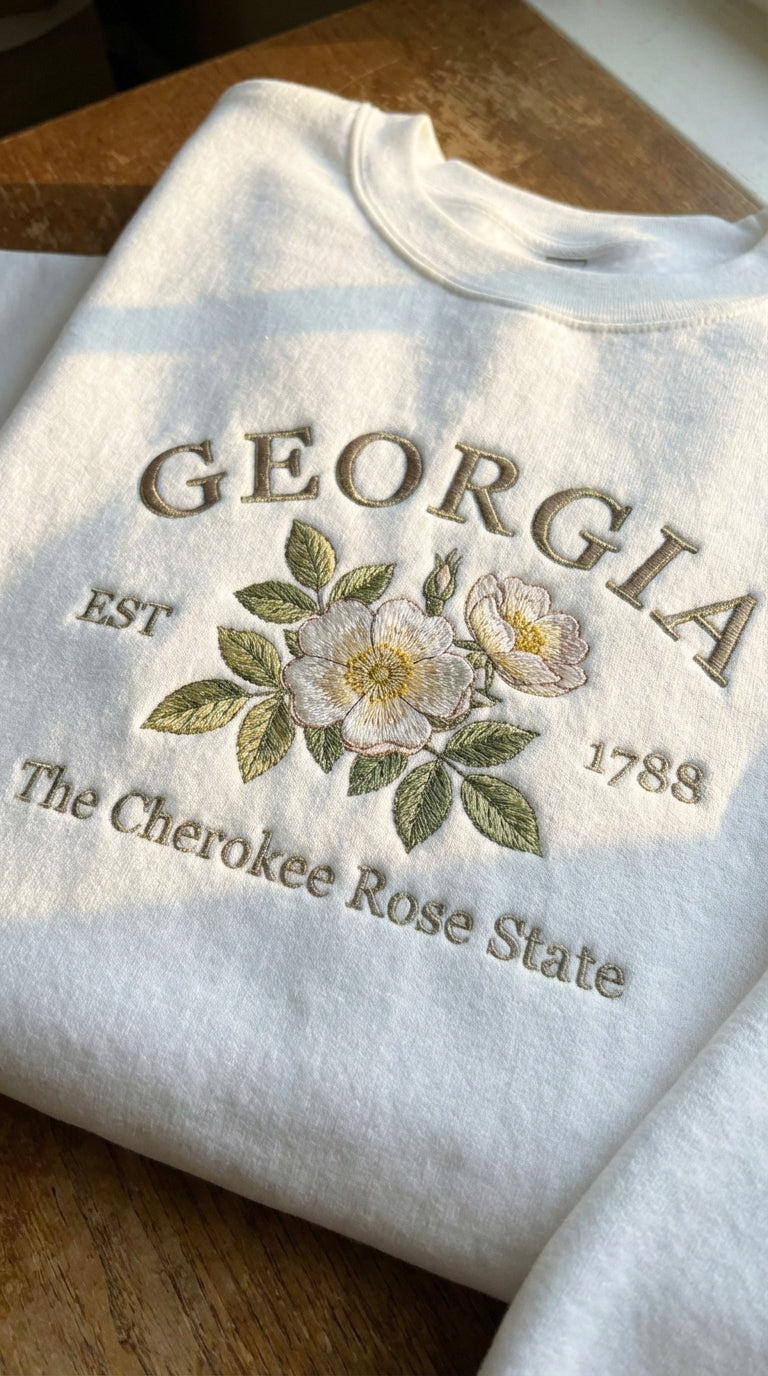White folded sweatshirt with detailed white and gold Cherokee Rose flower embroidery reading Georgia EST 1788 The Cherokee Rose State