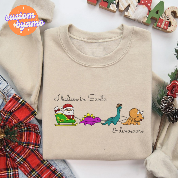I Believe In Santa And Dinosaurs  Embroidered Sweater