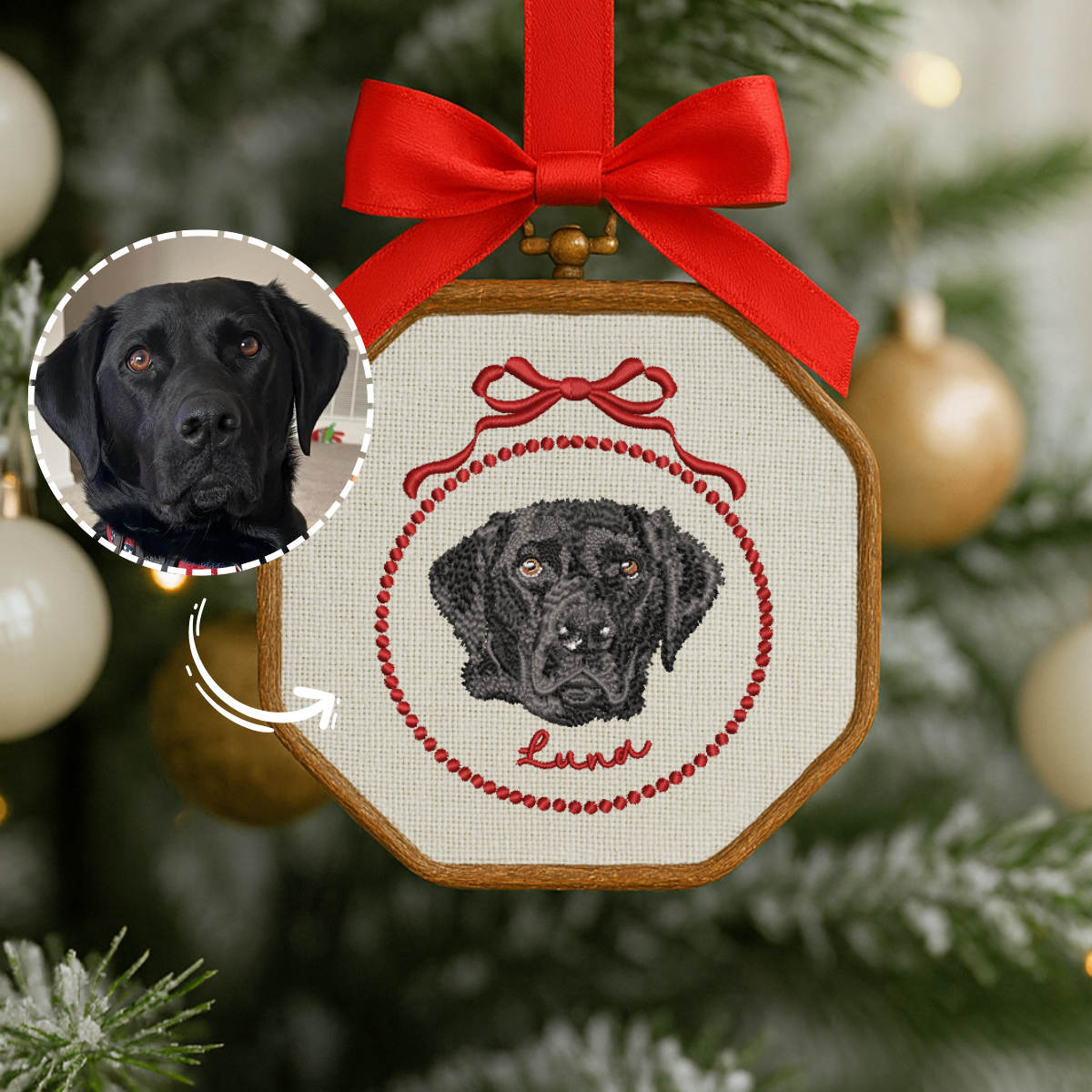 Custom Pet Embroidered Christmas Ornament – Personalized Cat & Dog Hoop with Name