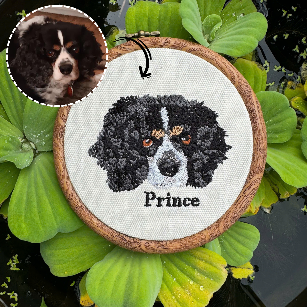 custom embroidered dog portrait wall art in wooden hoop
