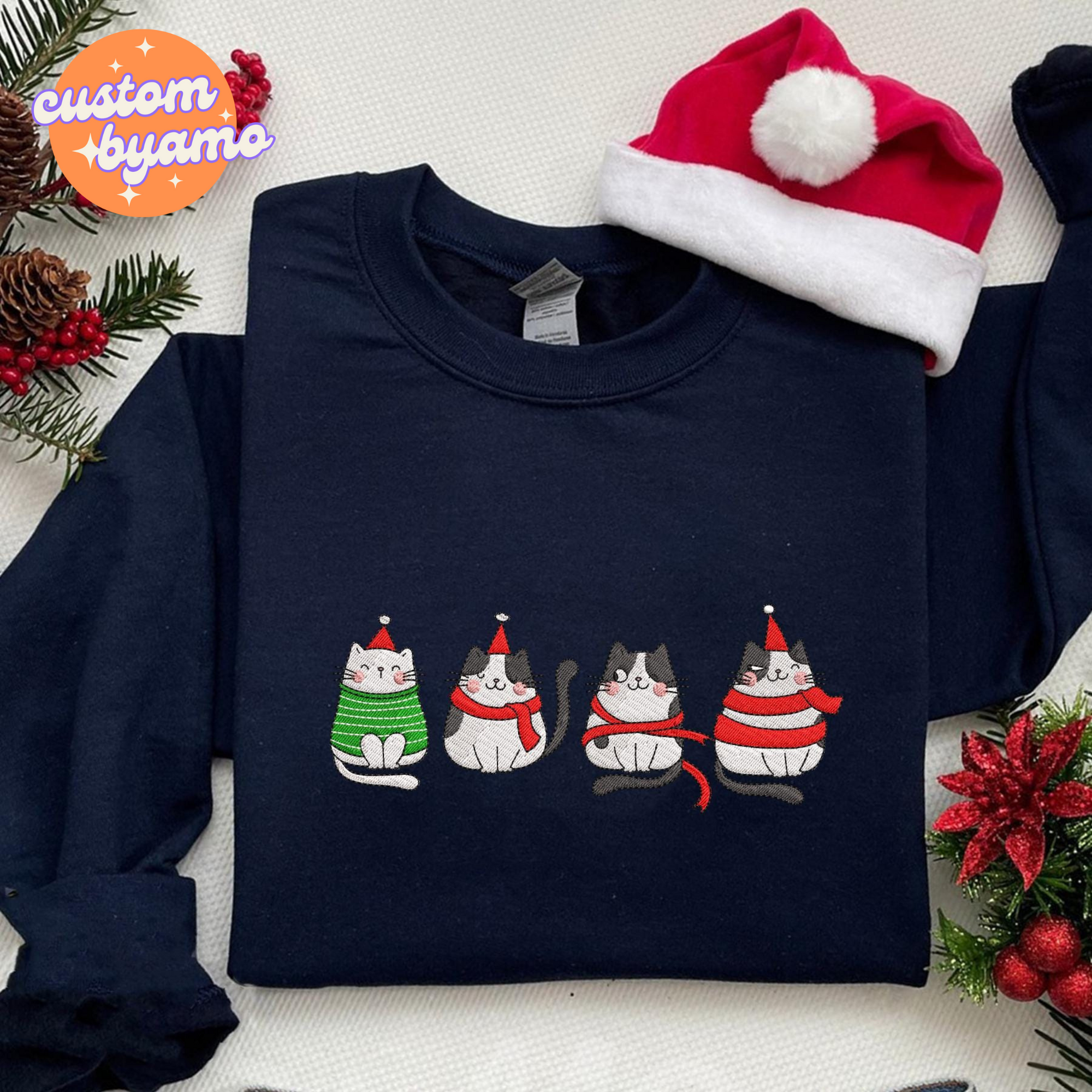 Christmas Cat Embroidered Sweater/Hoodie