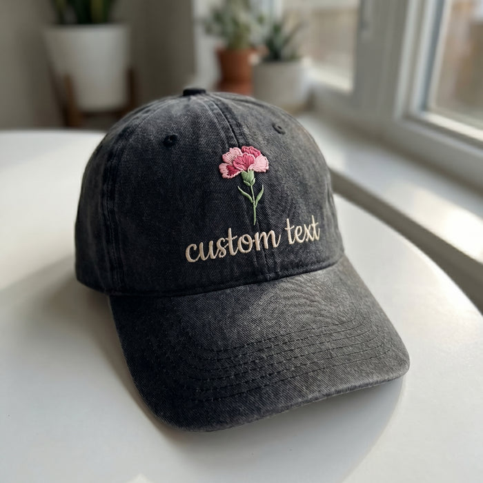 Carnation Birth Flower Embroidered Cap – January, Custom Text Gift