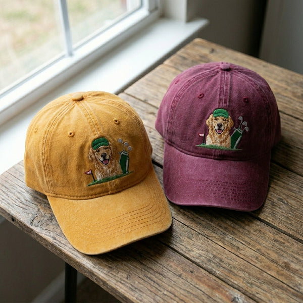 Golden Retriever Golfer Embroidered Cap – Mustard & Maroon Dad Hat