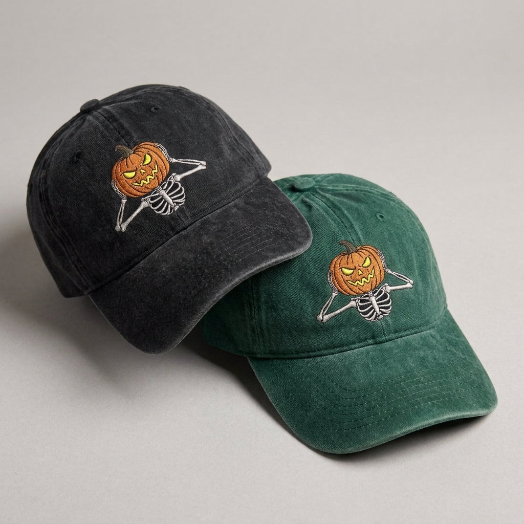 Skeleton Holding Pumpkin Embroidered Cap – Trendy Streetwear - photo 2