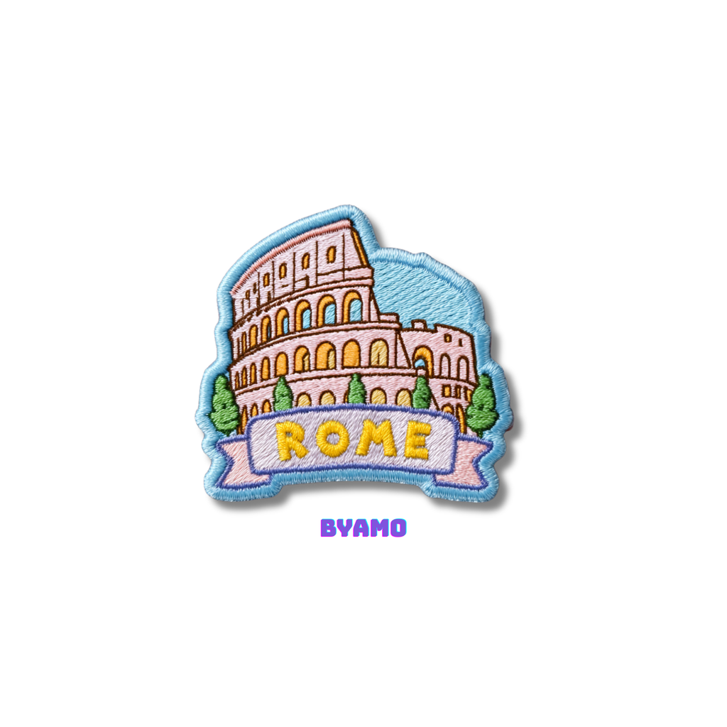 Embroidered patch of the Colosseum with 'ROME' text on a white background