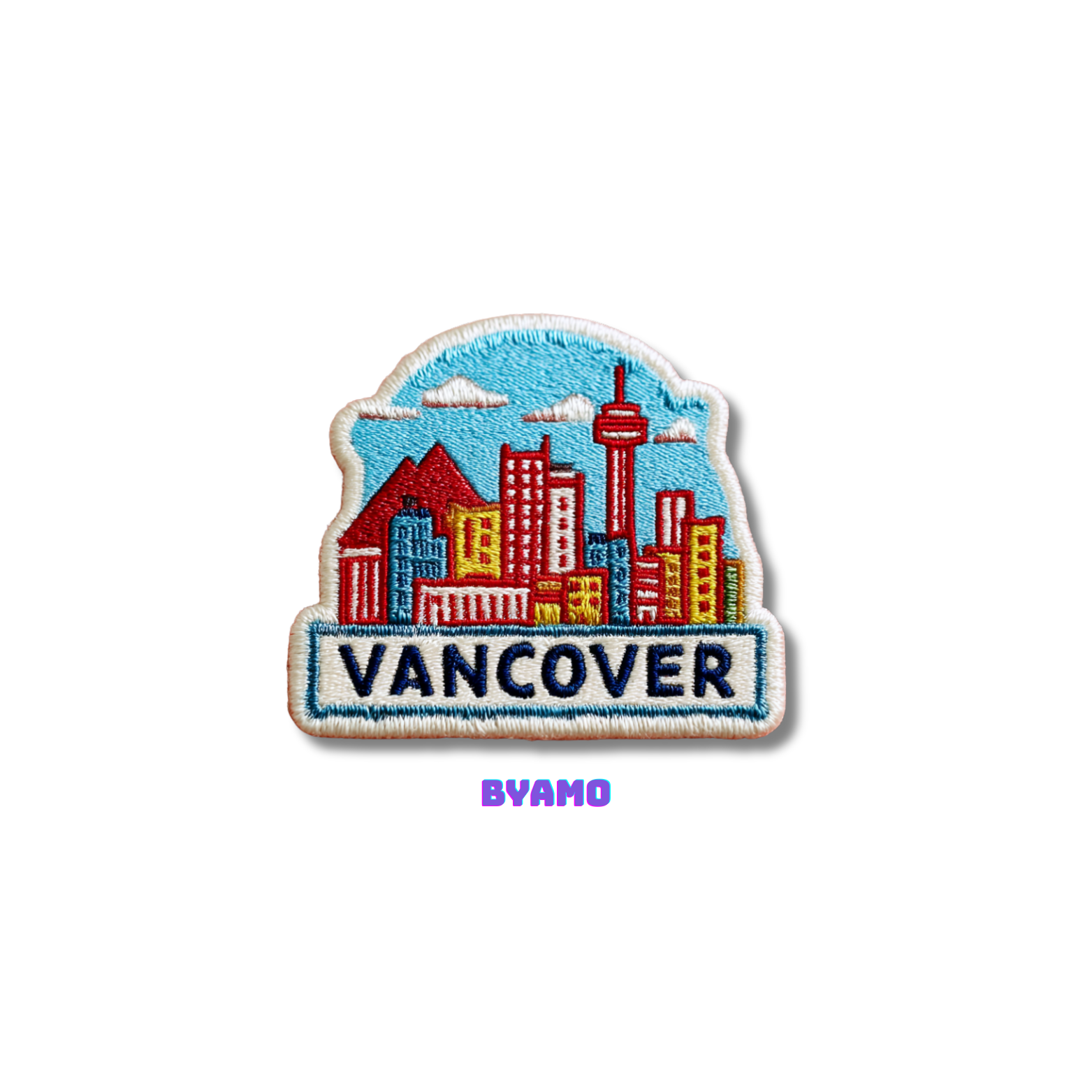 Embroidered patch of Vancouver with colorful buildings on a white background