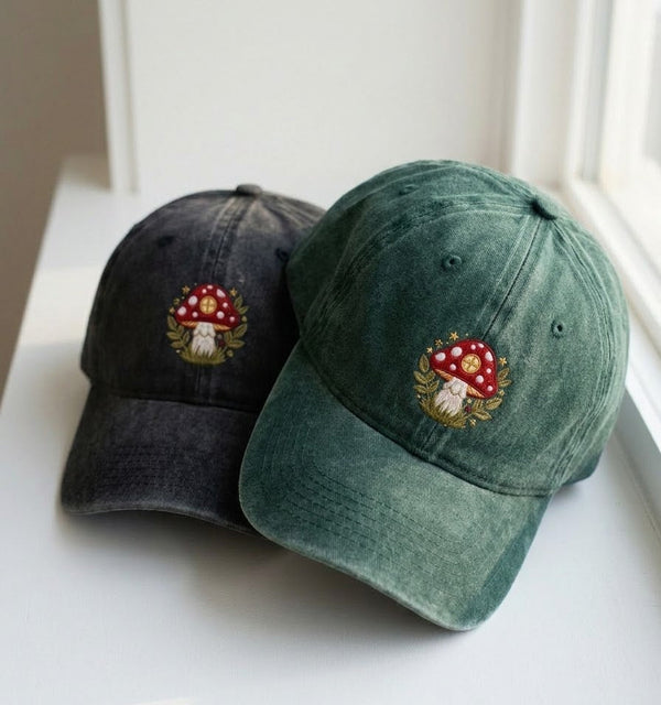 Mushroom Embroidered Cap – Black & Green Dad Hat
