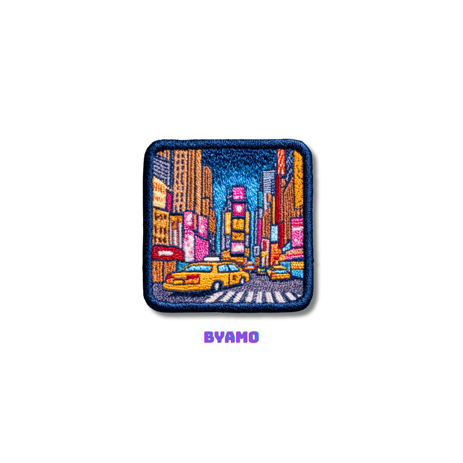 Embroidered patch of a city street scene with a taxi, colorful buildings, and BYAMO branding.