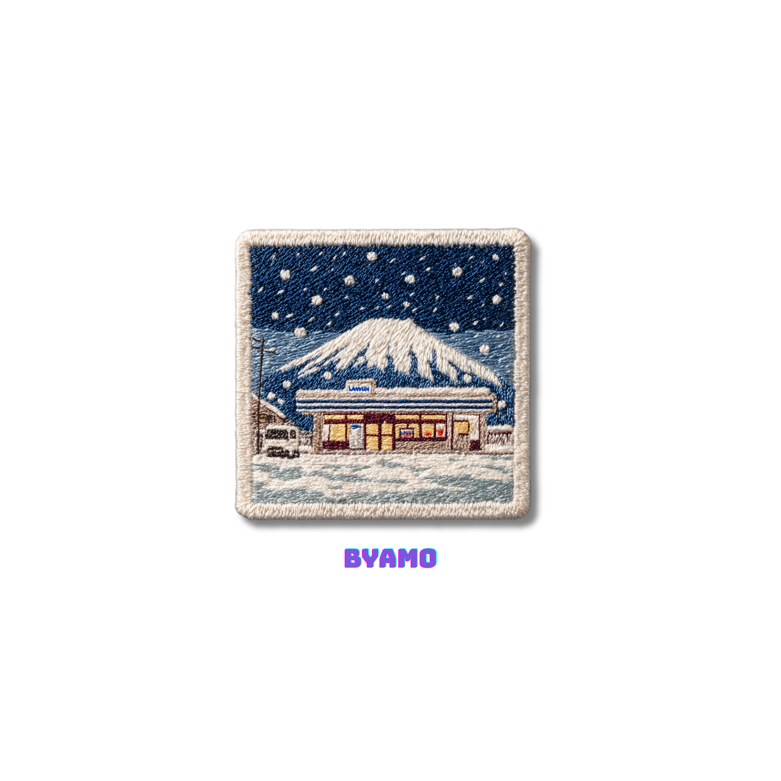 Patch with a snowy mountain and building design, branded 'BYAMO'.