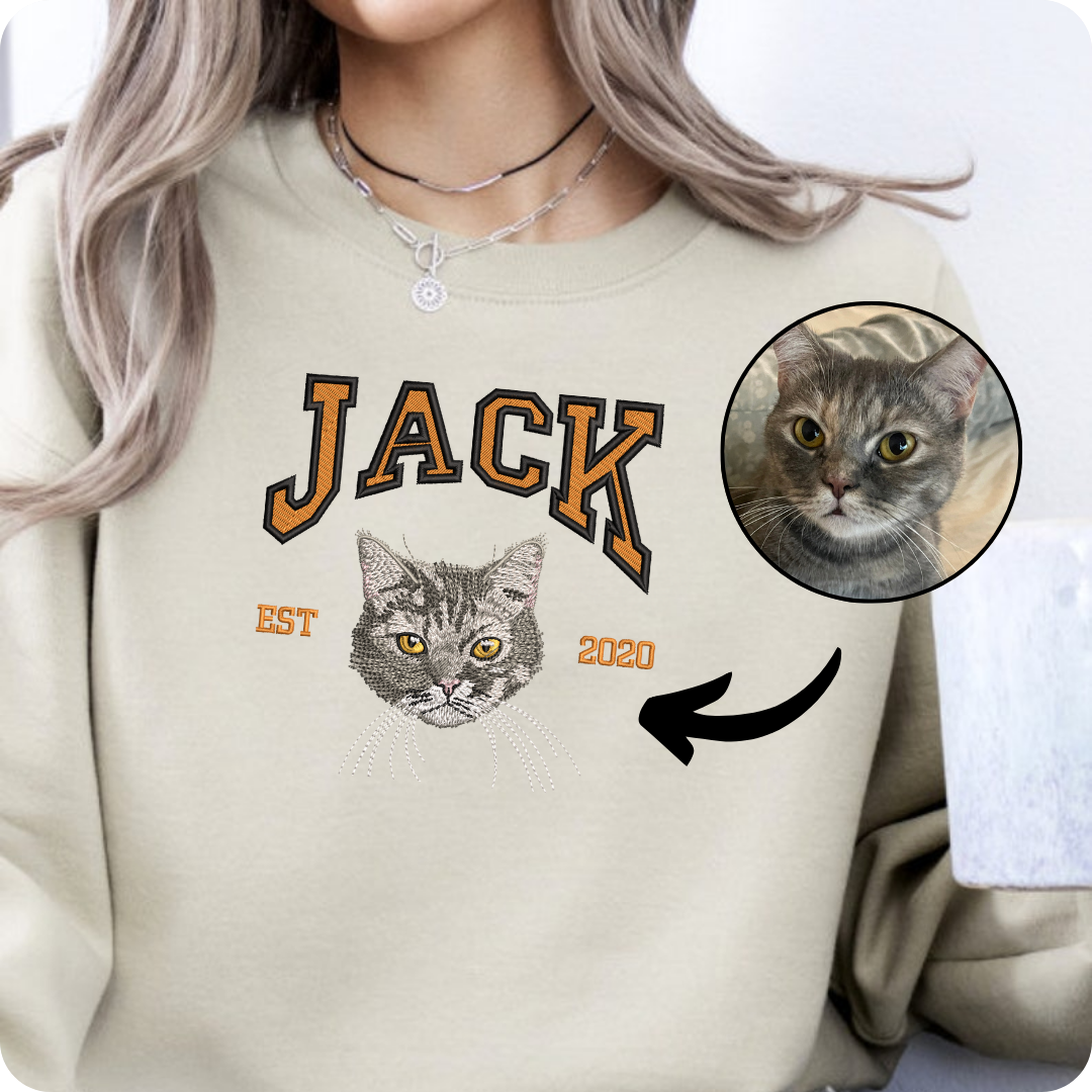 Custom Cat Hoodie Embroidered Cat Name, Personalized Pet Face Sweatshirt from Your Photo