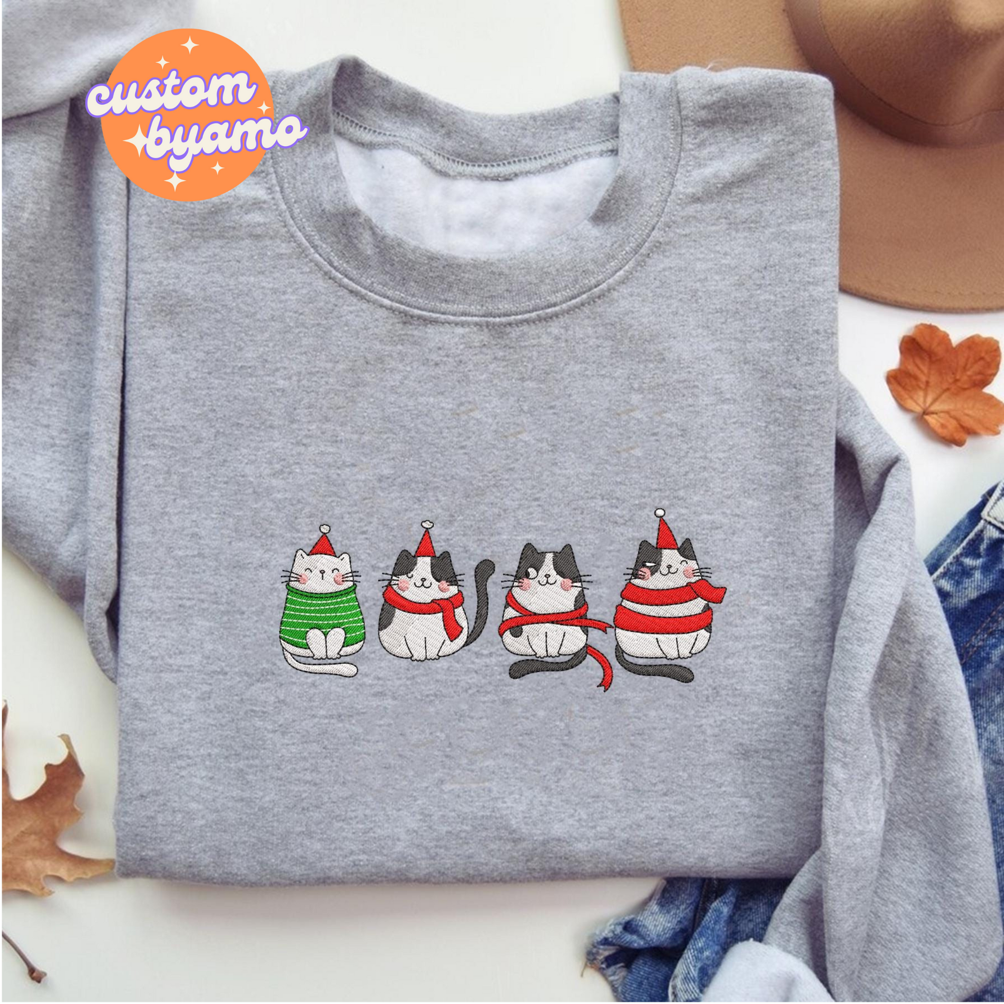 Christmas Cat Embroidered Sweater/Hoodie