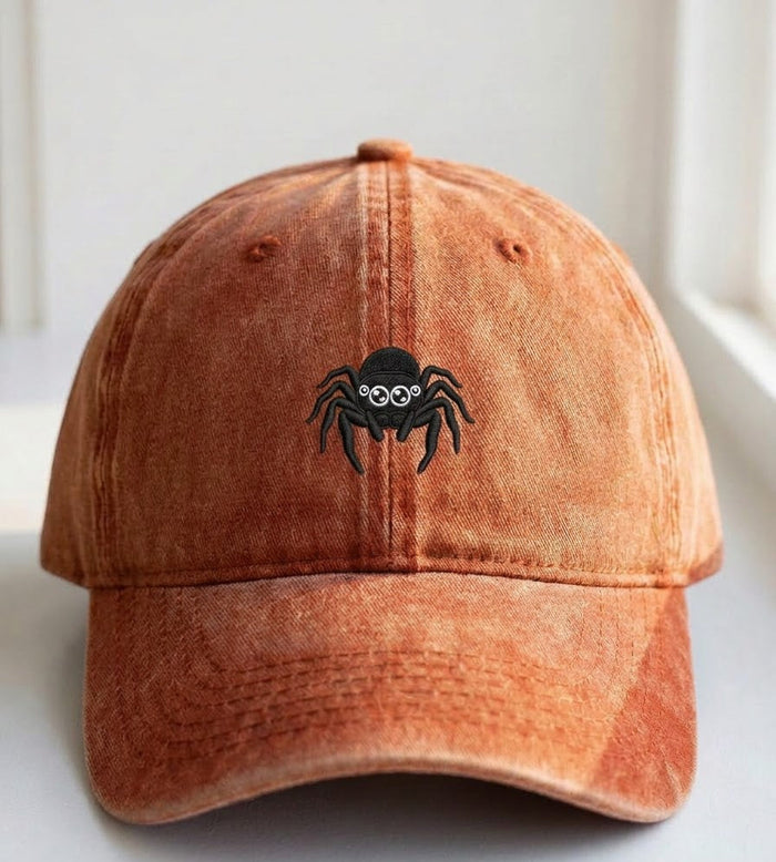 Cute Spider Embroidered Cap – Washed Orange Dad Hat