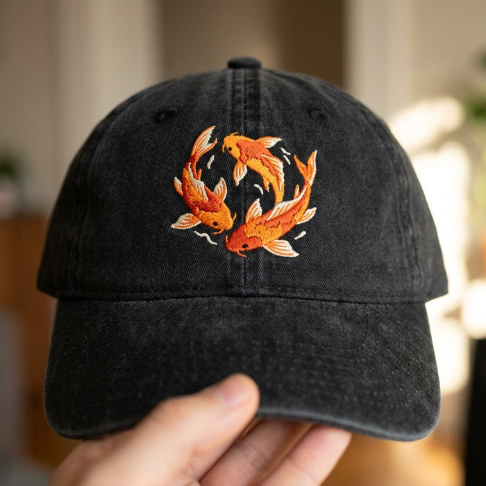 Koi Fish Embroidered Cap – Black Dad Hat