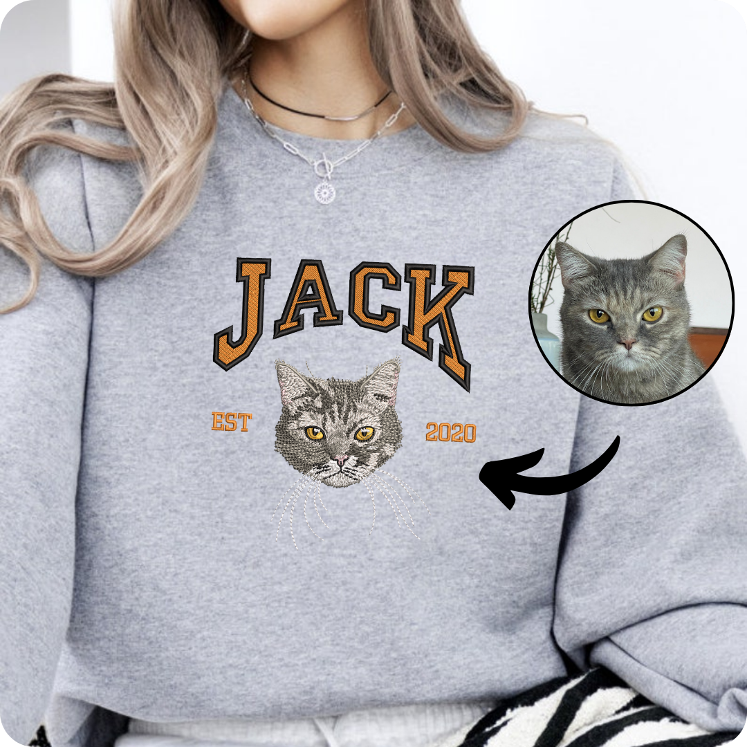 Custom Cat Hoodie Embroidered Cat Name, Personalized Pet Face Sweatshirt from Your Photo