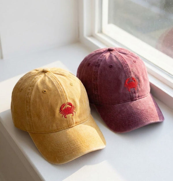 Red Crab Embroidered Cap – Mustard & Maroon Dad Hat