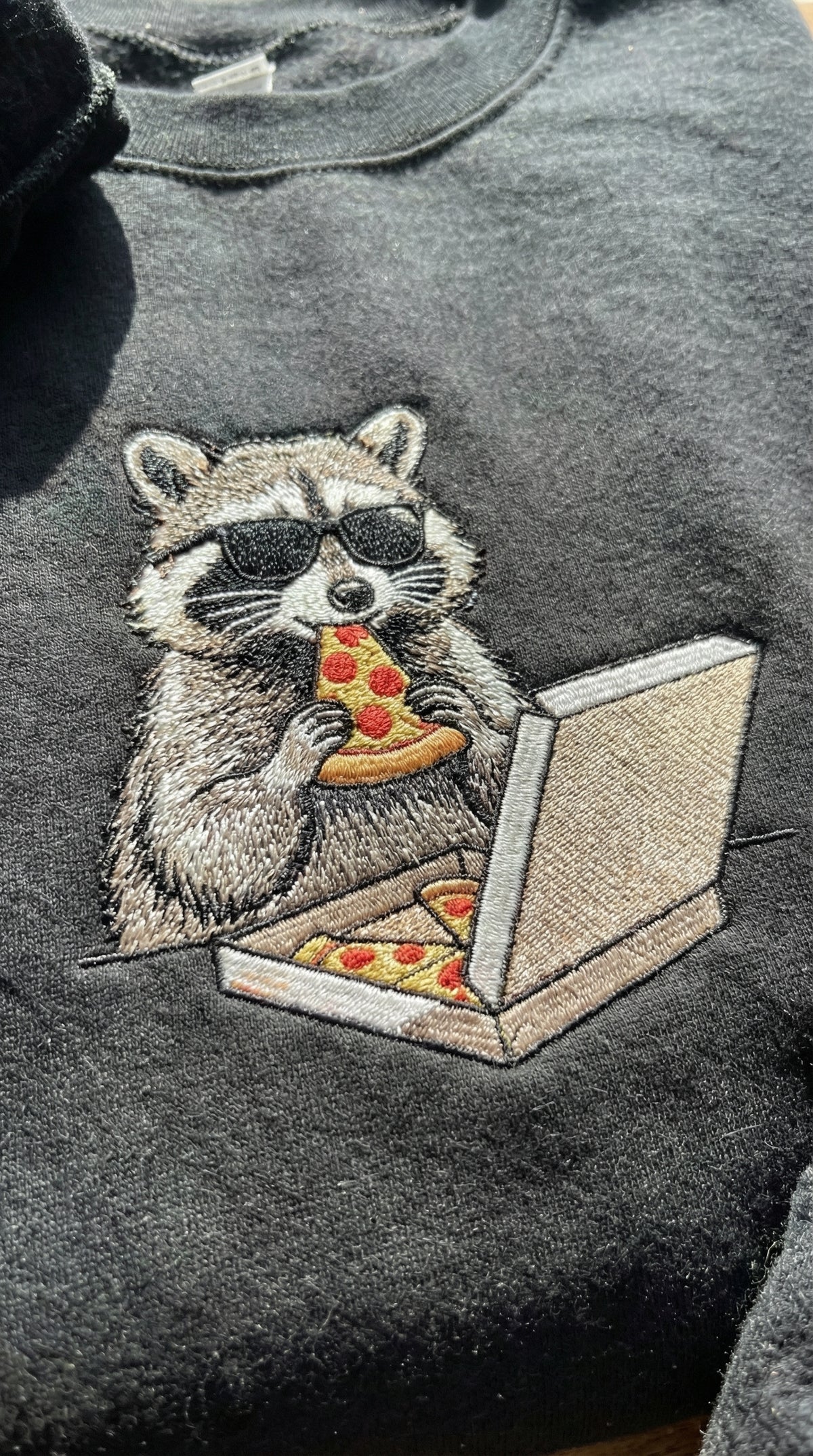 Raccoon Eating Pizza Embroidered Sweater – Funny & Trendy - photo 3