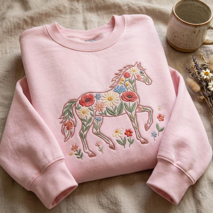 Floral Horse Embroidered Sweatshirt – Pink Crewneck