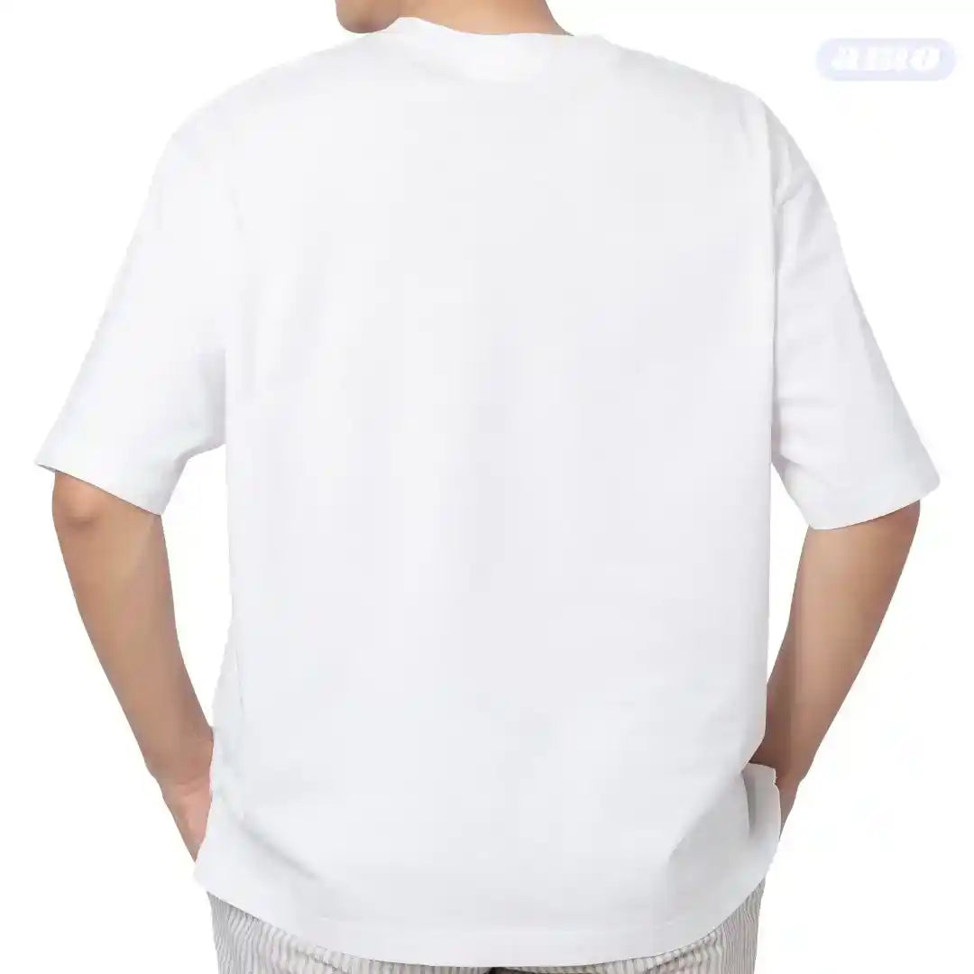 White t-shirt worn by a person on a white background