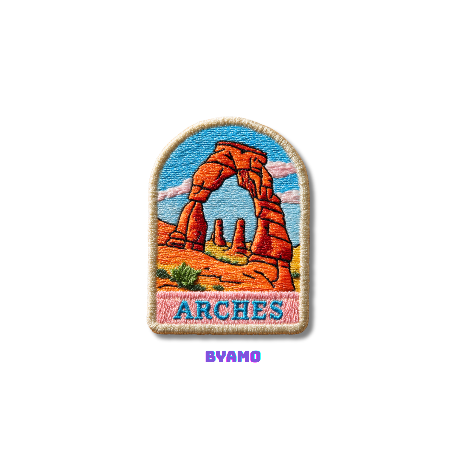 Arches National Park embroidered travel patch attached to backpack for outdoor adventures
