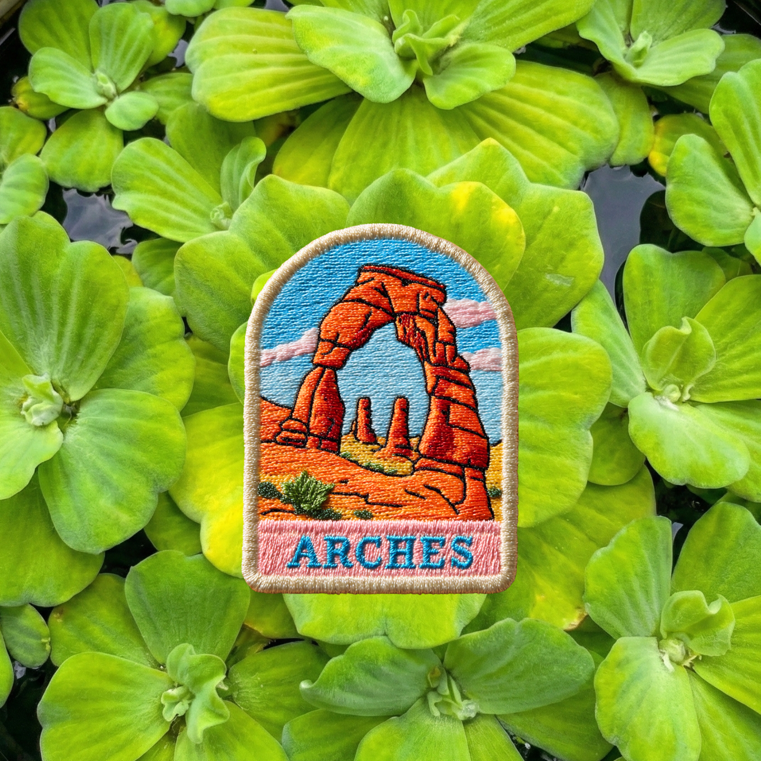 Arches National Park embroidery patch featuring iconic red rock arch and desert landscape
