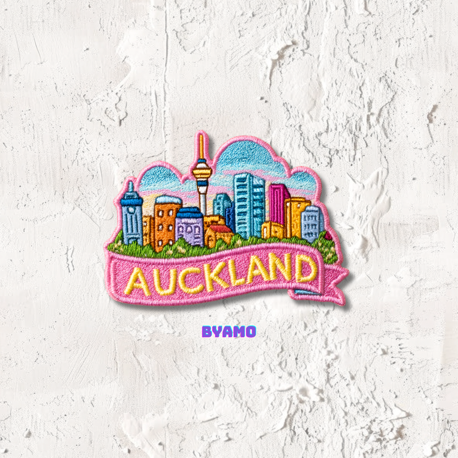 Auckland embroidered travel patch attached to backpack as New Zealand souvenir
