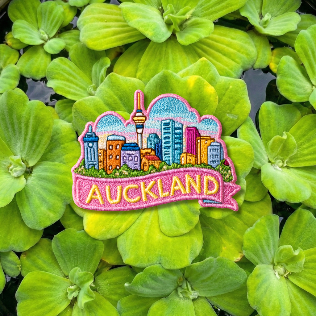 Auckland embroidery patch featuring colorful skyline and Sky Tower
