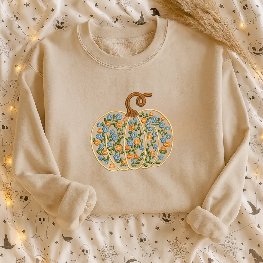 Autumn floral embroidery pumpkin sweatshirt