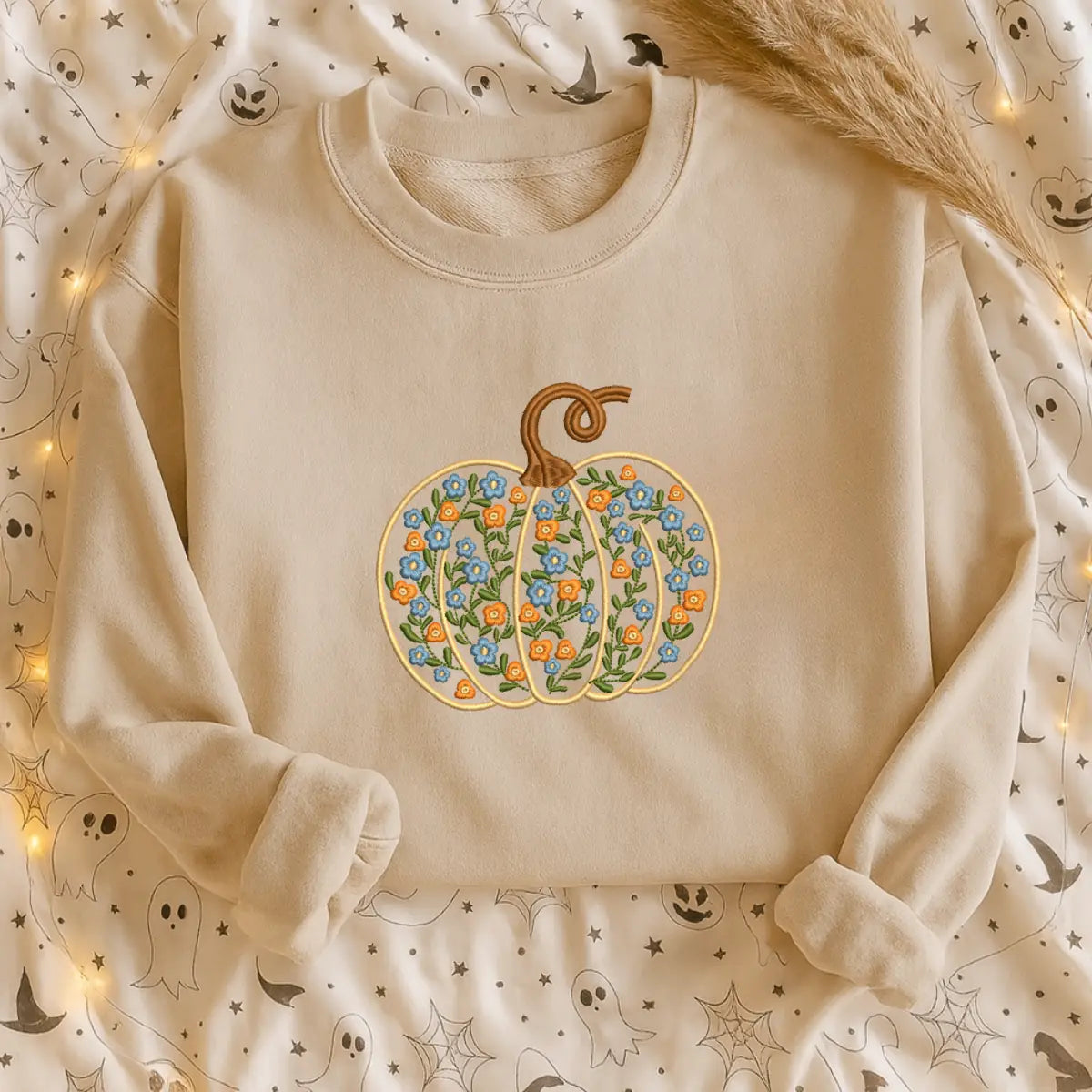 Autumn floral embroidery pumpkin sweatshirt