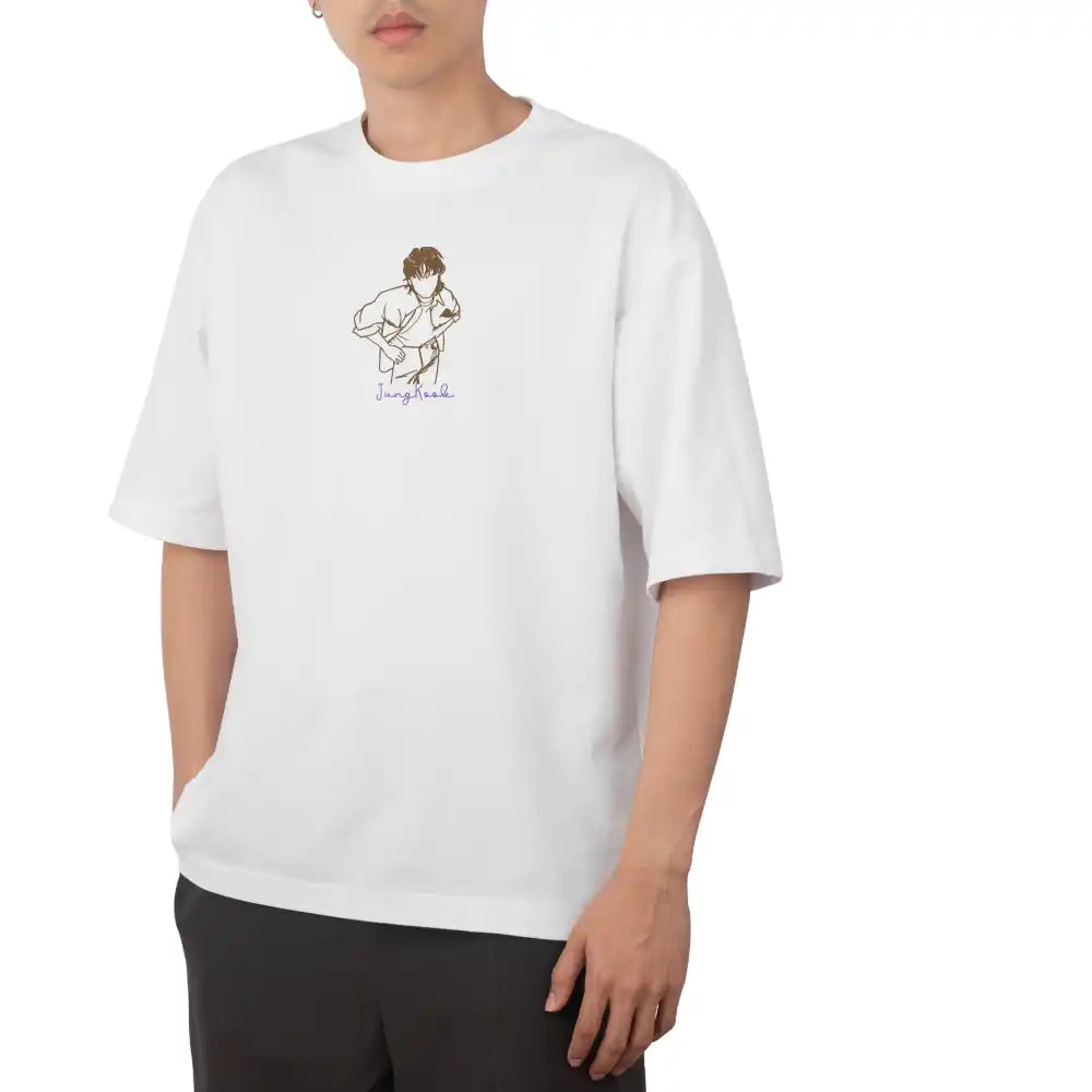 BTS Jungkook t-shirt laid flat with embroidery detail