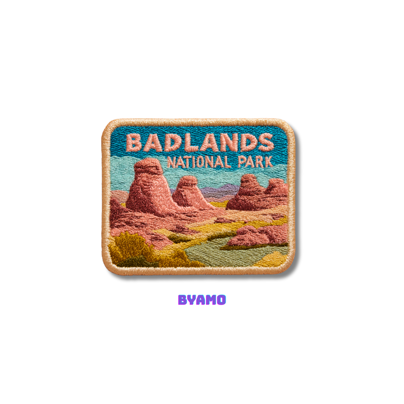 Badlands National Park embroidered travel patch attached to backpack for outdoor adventures
