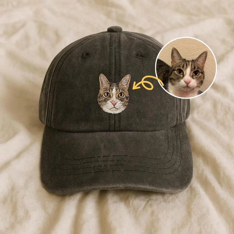 Black cotton twill dad hat with custom cat portrait