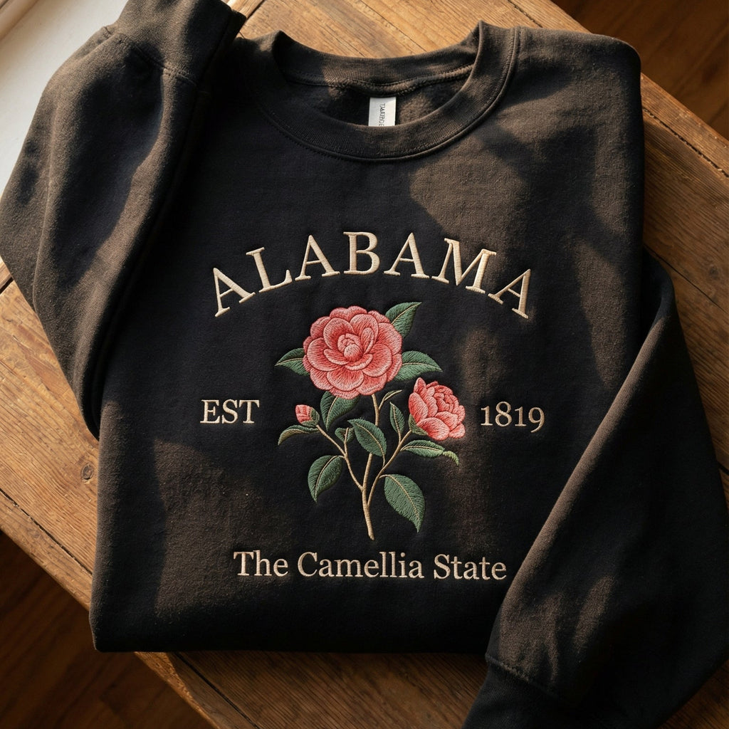 Black folded sweatshirt with detailed pink Camellia flower embroidery reading Alabama EST 1819 The Camellia State