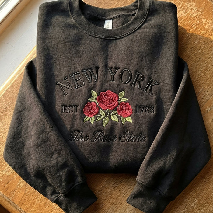 New York Rose Embroidered Sweatshirt – State Flower Botanical Gift Unisex Crewneck